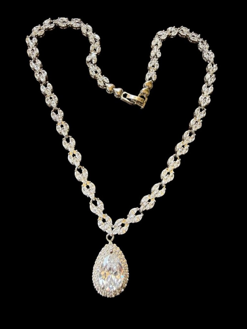 Bridal Cubic Zirconia Marquise Tennis Necklace Pear Cut Halo Drop Statement